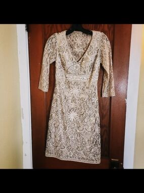 Sue Wong Beige Embroidered Lace V-Neck Mini Dress